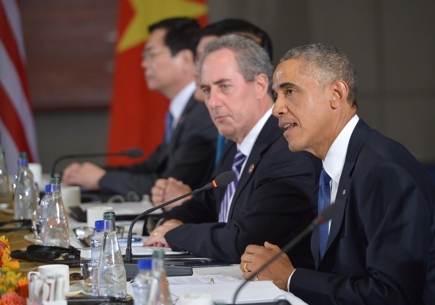 U.S. President Barack Obama speaks during a meeting with leaders from the Trans-Pacific Partnership at the US Embassy in Beijing on November 10, 2014 in Beijing. The TPP was agreed upon with 11 other Pacific Rim nations.