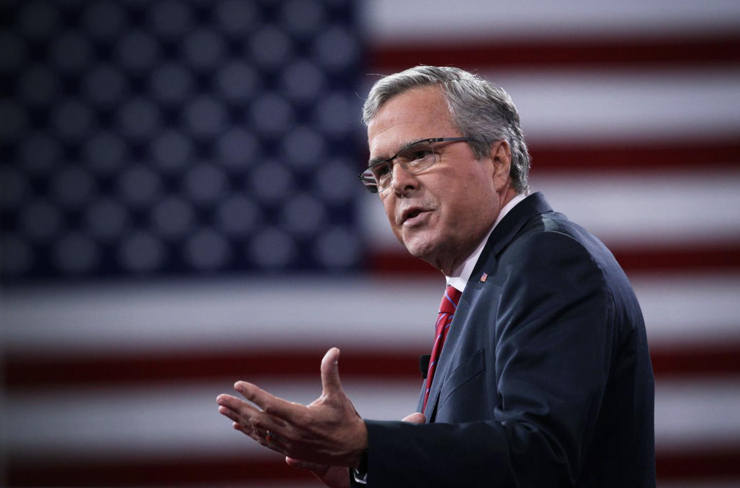 NATIONAL HARBOR, MD - FEBRUARY 27:  Former Florida Jeb Bush speaks during an interview at the 42nd annual Conservative Political Action Conference (CPAC) February 27, 2015 in National Harbor, Maryland. Conservative activists attended the annual political conference to discuss their agenda.  (Photo by Alex Wong/Getty Images)