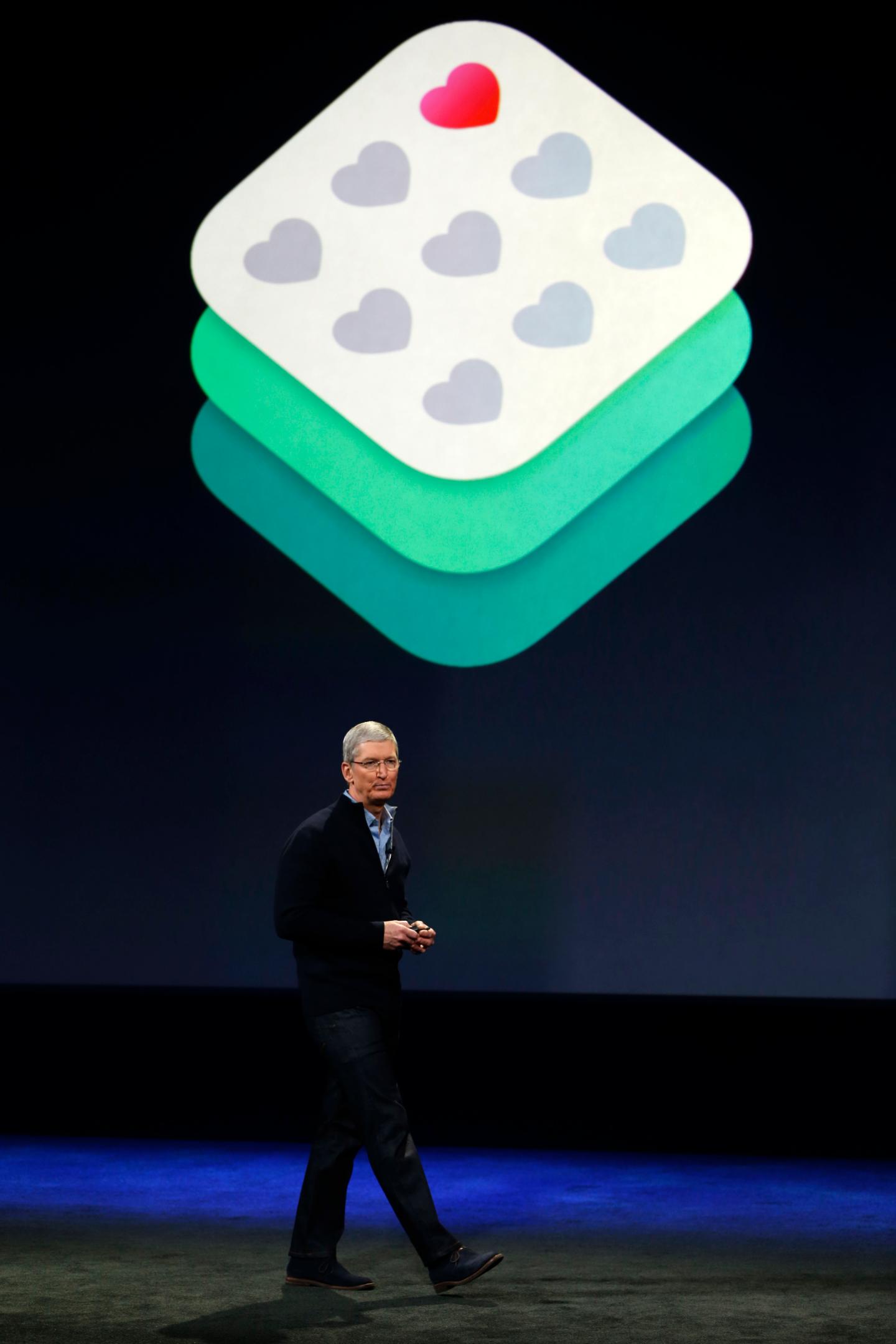 SAN FRANCISCO, CA - MARCH 9: Apple CEO Tim Cook stands in front of a ResearchKit logo during an Apple special event at the Yerba Buena Center for the Arts on March 9, 2015 in San Francisco, California. Apple Inc. announced the new MacBook as well as more details on the much anticipated Apple Watch, the tech giant's entry into the rapidly growing wearable technology segment as well (Photo by Stephen Lam/Getty Images)