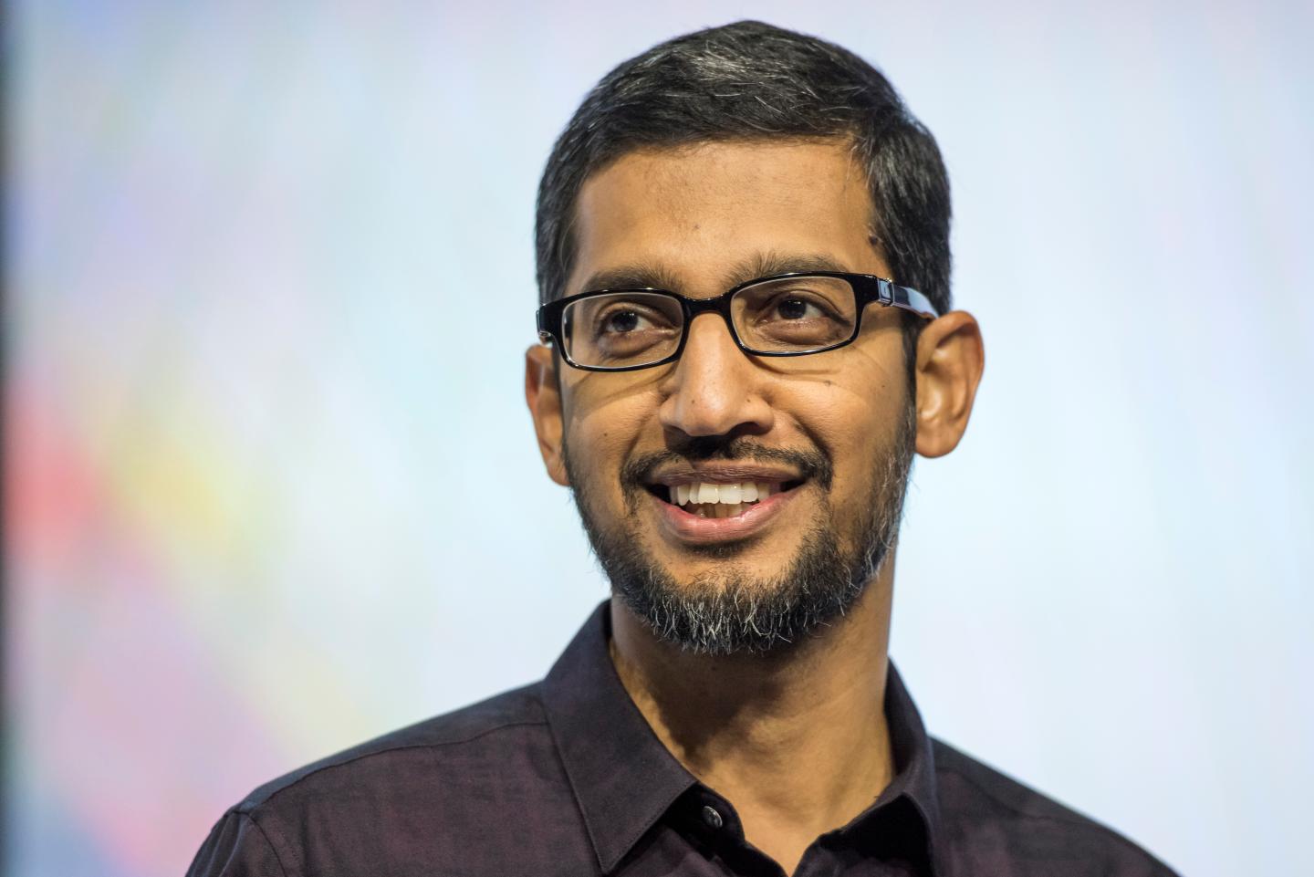 Sundar Pichai, chief executive officer of Google Inc., speaks during an event in San Francisco, California, U.S., on Tuesday, Sept. 29, 2015. Photographer: David Paul Morris/Bloomberg *** Local Caption *** Sundar Pichai