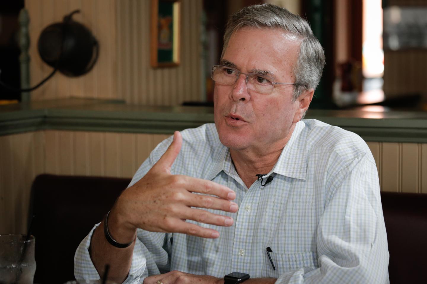 CNBC NEWS-- Pictured: Jeb Bush, former Governor of Florida and 2016 presidential election candidate, in an interview at the Parlor City Pub and Eatery in Cedar Rapids, Iowa on September 22, 2015 -- (Photo by: Mary Stevens/CNBC/NBCU Photo Bank)