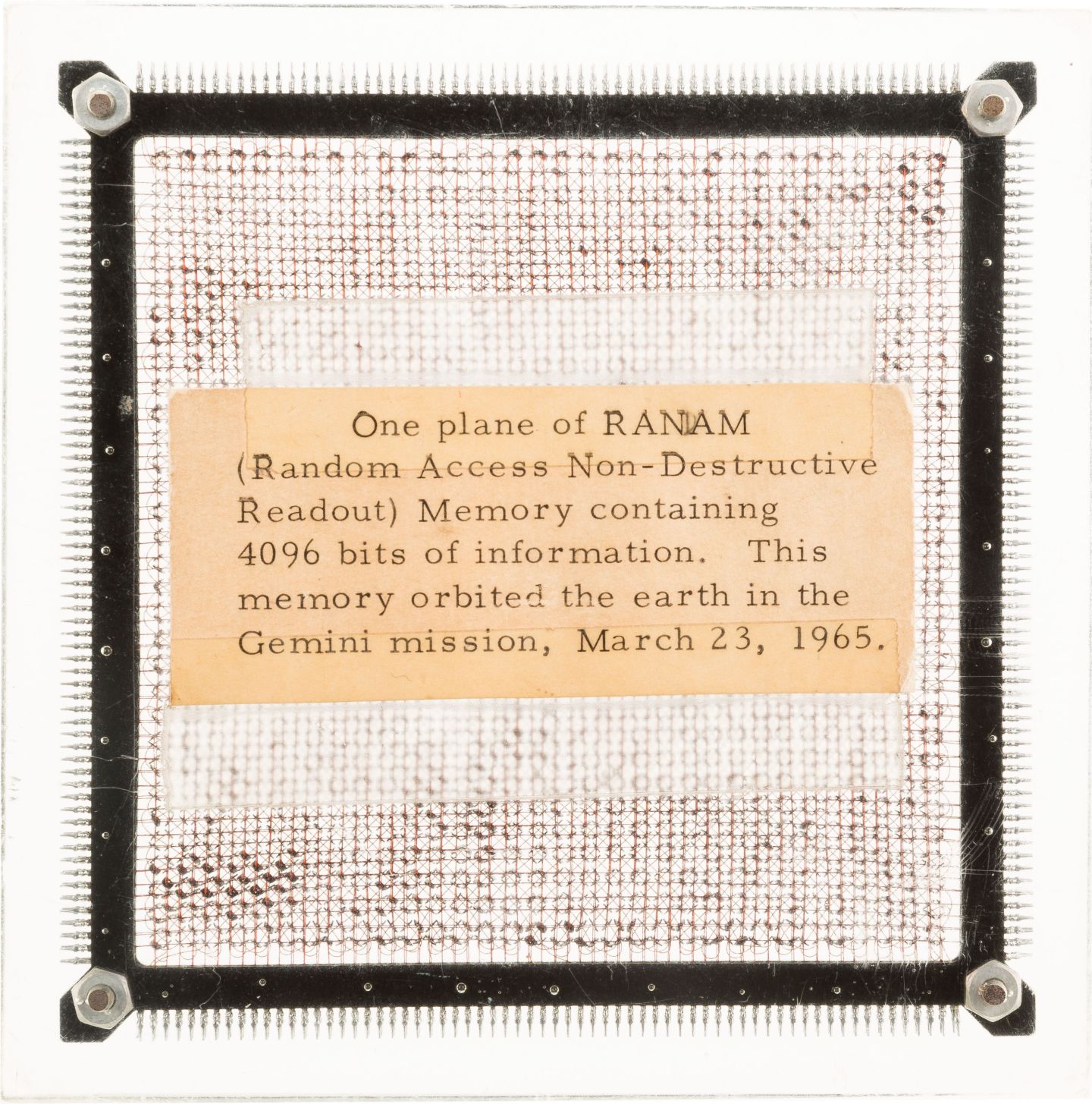 A Gemini 3-flown Random Access Non-Destructive Readout 4096 Bit Memory Plane from the Gemini Spacecraft computer.
