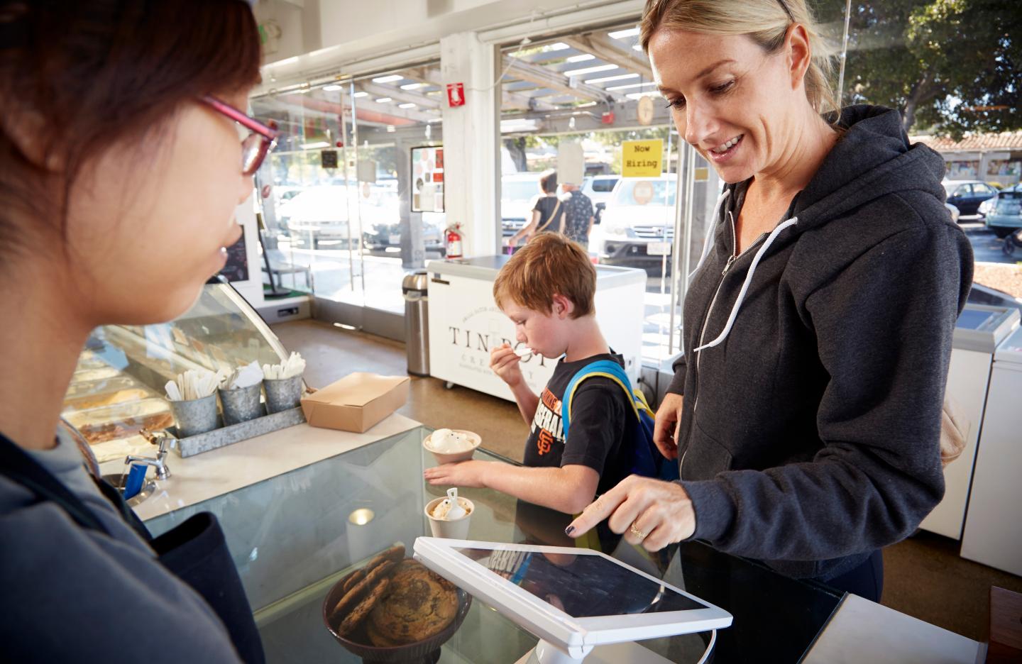 Erin Wetzel with 7 year old Wyatt Wetzel at Tin Pot Creamery in Palo Alto, CA (employee Judy Nguyen)
