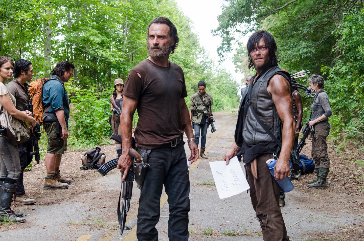 Lauren Cohan as Maggie Greene, Steven Yeun as Glenn Rhee, Josh McDermitt as Dr. Eugene Porter, Christian Serratos as Rosita Espinosa, Andrew Lincoln as Rick Grimes, Sonequa Martin-Green as Sasha, Norman Reedus as Daryl Dixon and Melissa McBride as Carol Peletier - The Walking Dead _ Season 5, Episode 10 - Photo Credit: Gene Page/AMC