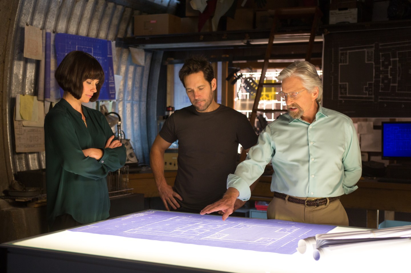 Marvel's Ant-Man..L to R: Hope Van Dyne (Evangeline Lilly), Scott Lang/Ant-Man (Paul Rudd) and Hank Pym (Michael Douglas)..Photo Credit: Zade Rosenthal..? Marvel 2014