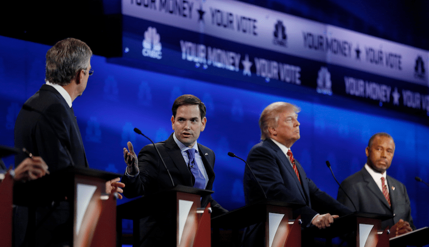 Left to right: Jeb Bush, Marco Rubio, Donald Trump, and Ben Carson at Wednesday night's Republican presidential debate on CNBC.