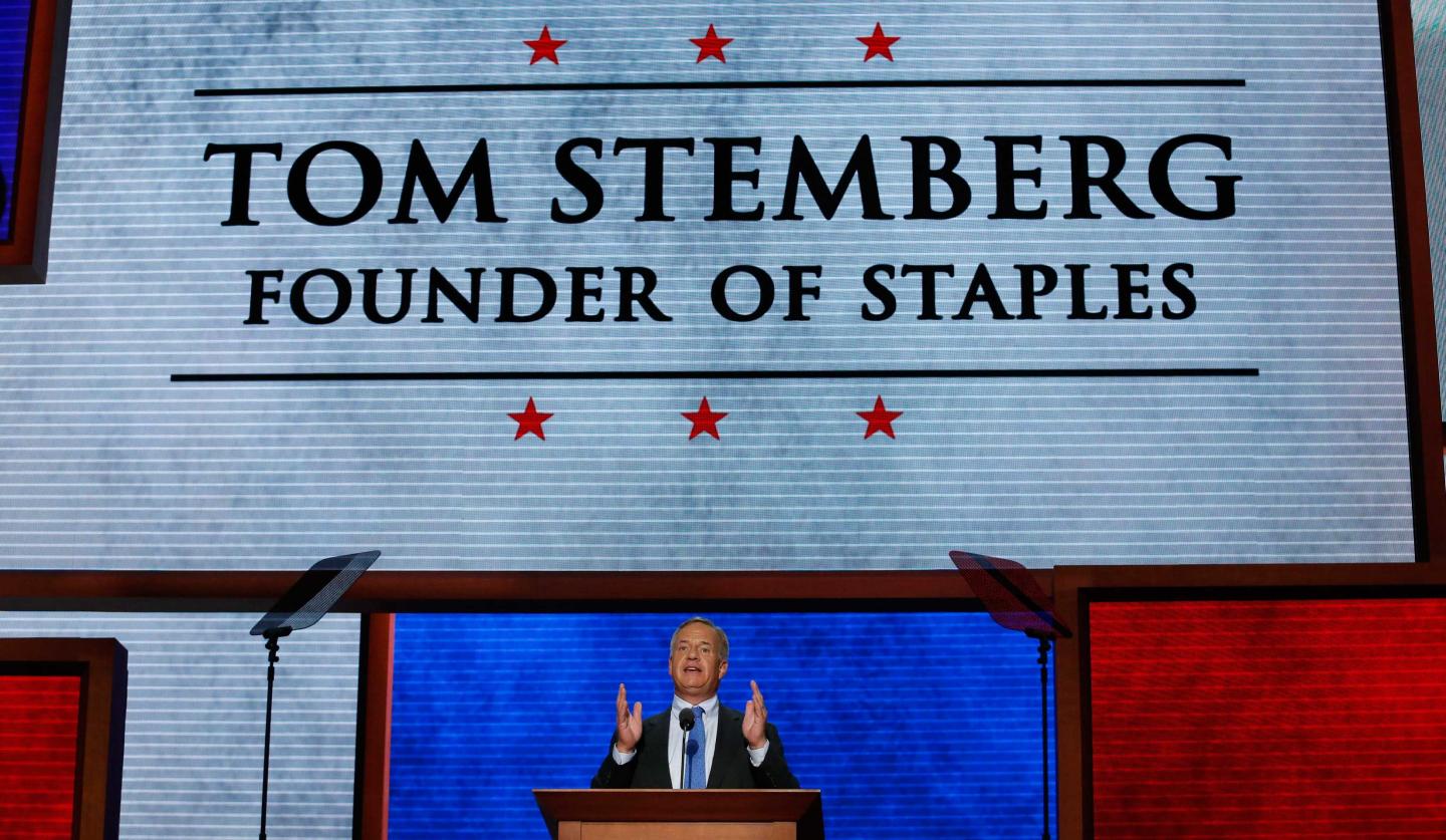 Stemberg, of the Staples chain of office supply stores, offers a testimonial to Republican presidential nominee Romney during the final session of the Republican National Convention in Tampa