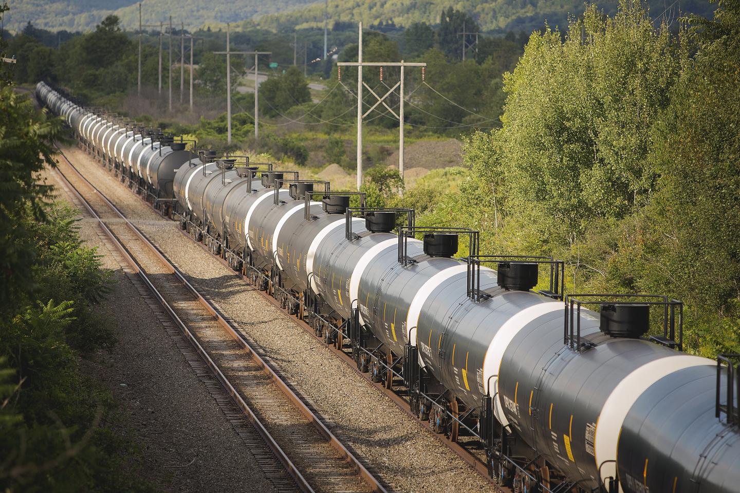 Unused oil tank cars are pictured on Western New York &amp; Pennsylvania Railroad tracks outside Hindsdale, New York