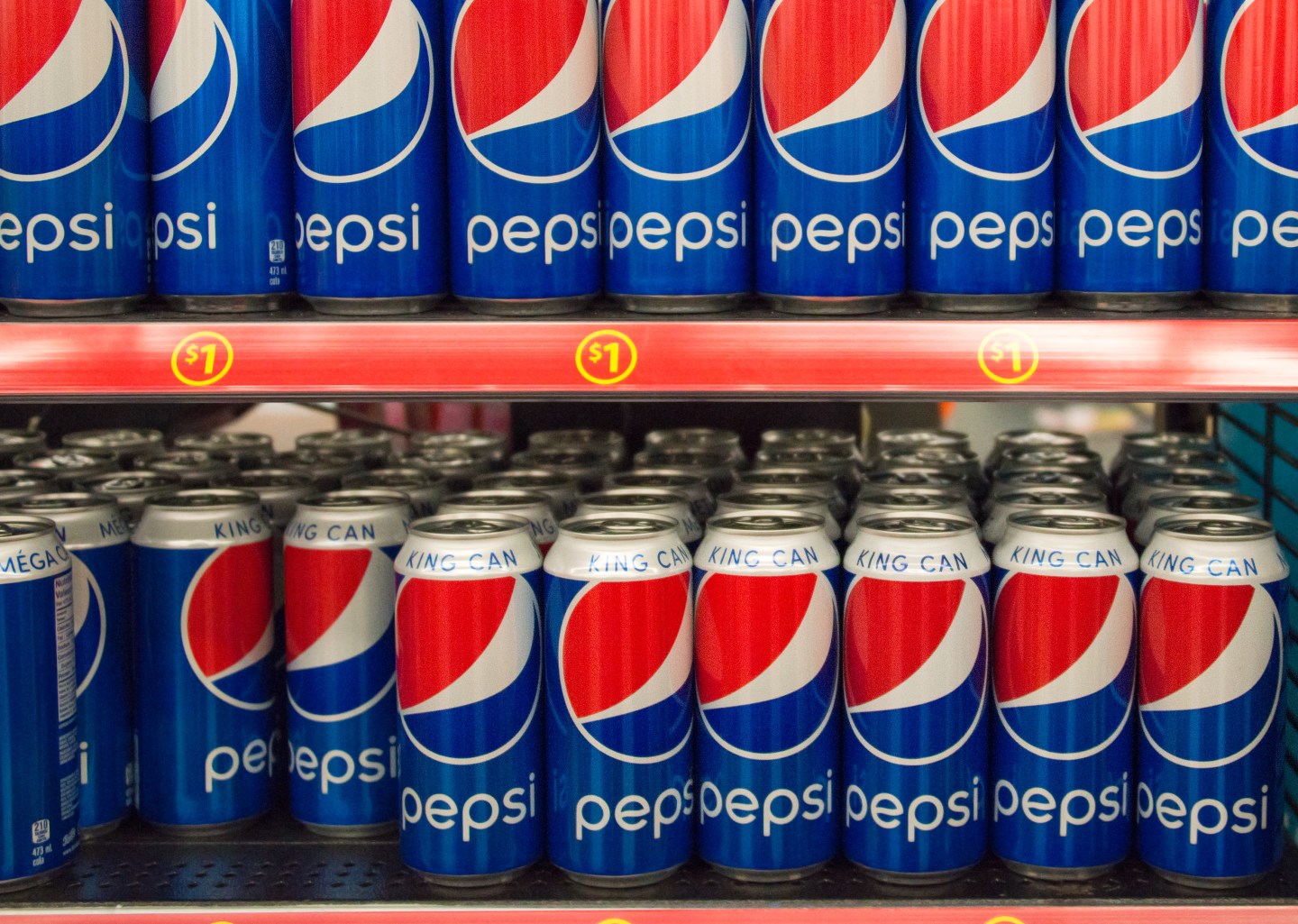 TORONTO, ONTARIO, CANADA - 2015/03/29: Pepsi Cola King Can on Store Shelf; Pepsi is a carbonated soft drink that is produced and manufactured by PepsiCo. and distributed all over the world. (Photo by Roberto Machado Noa/LightRocket via Getty Images)