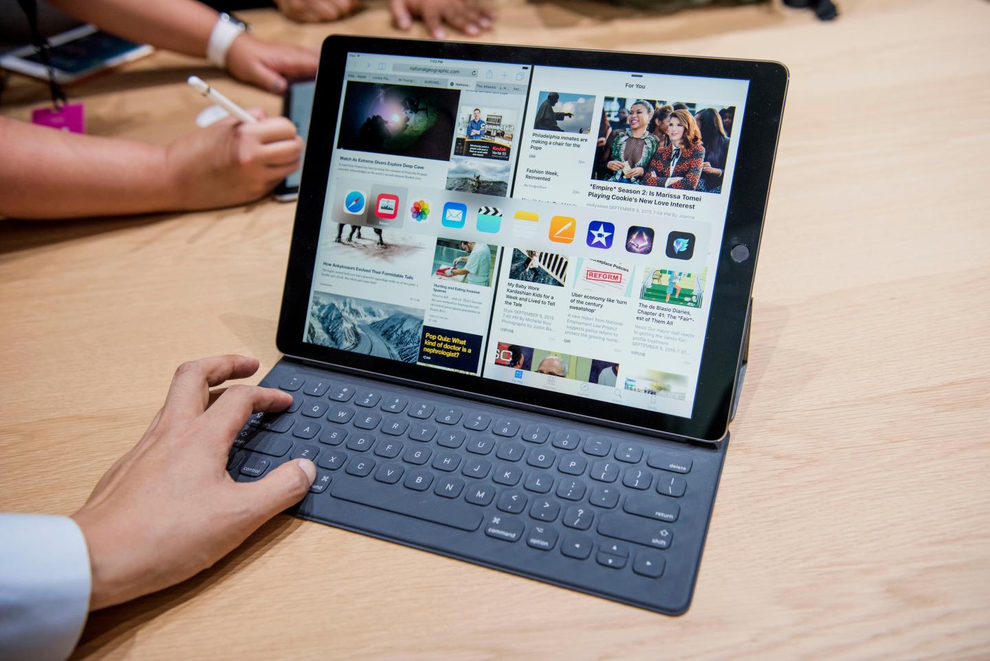 A new keyboard is displayed with the new Apple Inc. iPad Pro during an Apple product announcement in San Francisco, California, U.S., on Wednesday, Sept. 9, 2015. Apple Inc. introduced a larger iPad with a 12.9-inch screen, designed to attract business users and jump-start demand for its tablets. Photographer: David Paul Morris/Bloomberg