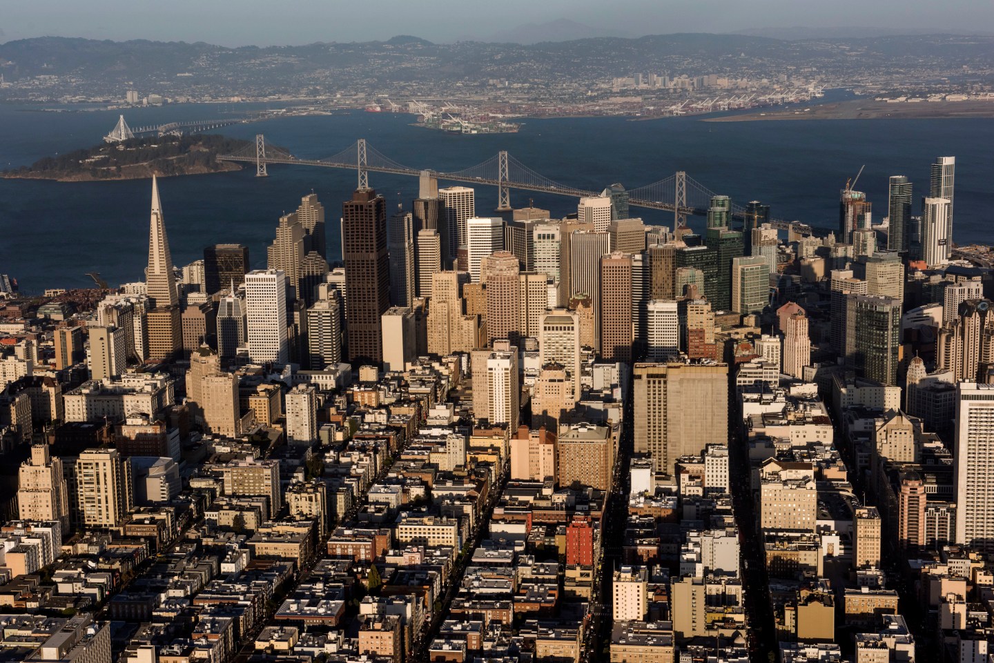Downtown San Francisco stands in this aerial photograph in San Francisco, California, U.S., on Monday, Oct. 5, 2015. Photographer: David Paul Morris/Bloomberg