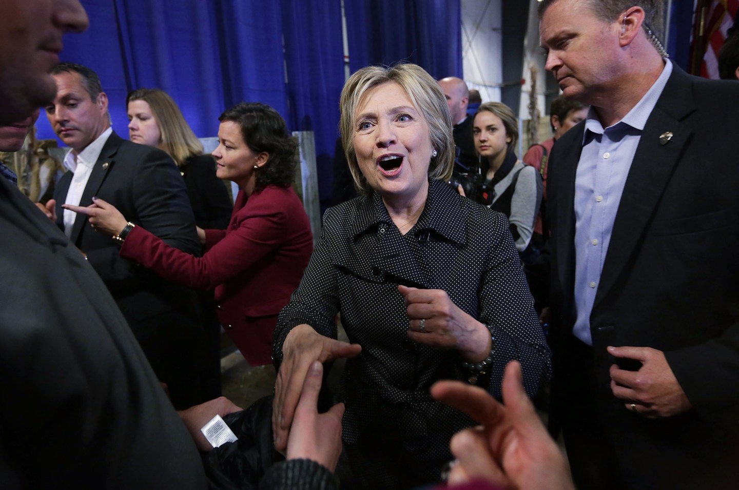 AMES, IA - NOVEMBER 15: Democratic presidential candidate Hillary Clinton greets Iowans during the Central Iowa Democrats fall barbecue November 15, 2015 at Hansen Agriculture Student Learning Center of Iowa State University in Ames, Iowa. Clinton continued to campaign for the nomination from the Democratic Party. (Photo by Alex Wong/Getty Images)