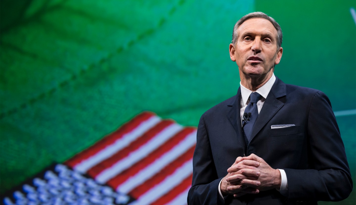SEATTLE, WA - MARCH 18: Starbucks Chairman and CEO Howard Schultz talks about the company's goal to hire 10,000 military veteran's and military spouses during the Starbucks annual shareholders meeting March 18, 2015 in Seattle, Washington. Schultz also announced a 2-for-1 stock split, the sixth in the company's history, during the meeting. (Stephen Brashear/Getty Images)