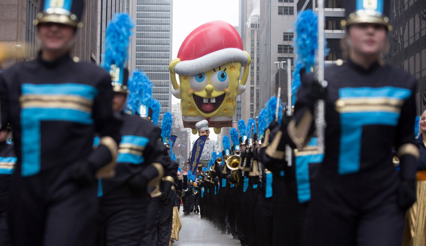 The Spongebob Squarepants balloon floats down Sixth Avenue during the 88th Annual Macy's Thanksgiving Day Parade in New York