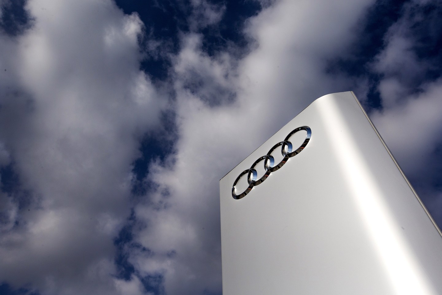 The Audi logo is seen at the entrance of the Audi powerplant in Brussels