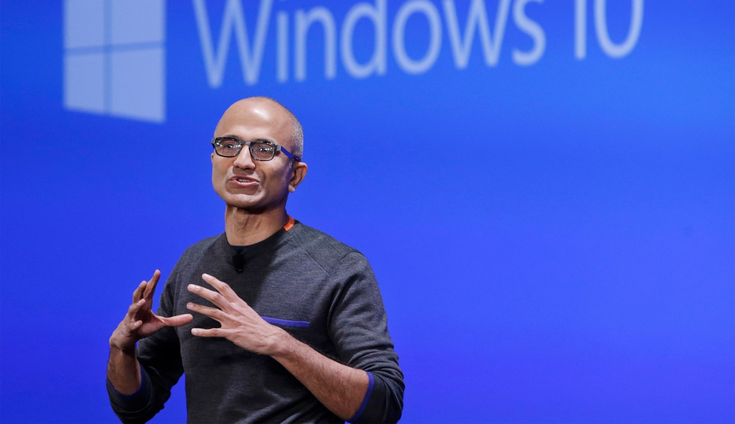 FILE - In this Jan. 21, 2015, file photo, Microsoft CEO Satya Nadella speaks at an event demonstrating the new features of Windows 10 at the company's headquarters in Redmond, Wash. When Chinese President Xi Jinping arrives in Washington state on his way to the other Washington (Washington, D.C.), he’ll be visiting the American state that does more business with his country than any other. Washington companies sold China more than $20 billion in products last year, from airplanes to wheat and apples. (AP Photo/Elaine Thompson, File)
