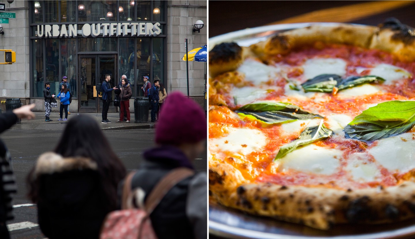 Pedestrians walk past an Urban Outfitters Inc. store in New York, U.S., on Wednesday, March 4, 2015. Urban Outfitters Inc. is expected to release fourth quarter earnings on March 9. Photographer: Michael Nagle/Bloomberg via Getty Images
James Beard Award winner Marc Vetri’s pizzeria serves traditional, Neapolitan-style pizzas from its 8,500-pound wood-burning oven. To wash down their pies, patrons can choose from a variety of beverages on tap, including rotating beers and red and white wine, plus a selection of bottled and canned beers.
Credit: Photo by M. Edlow for VISIT PHILADELPHIA™