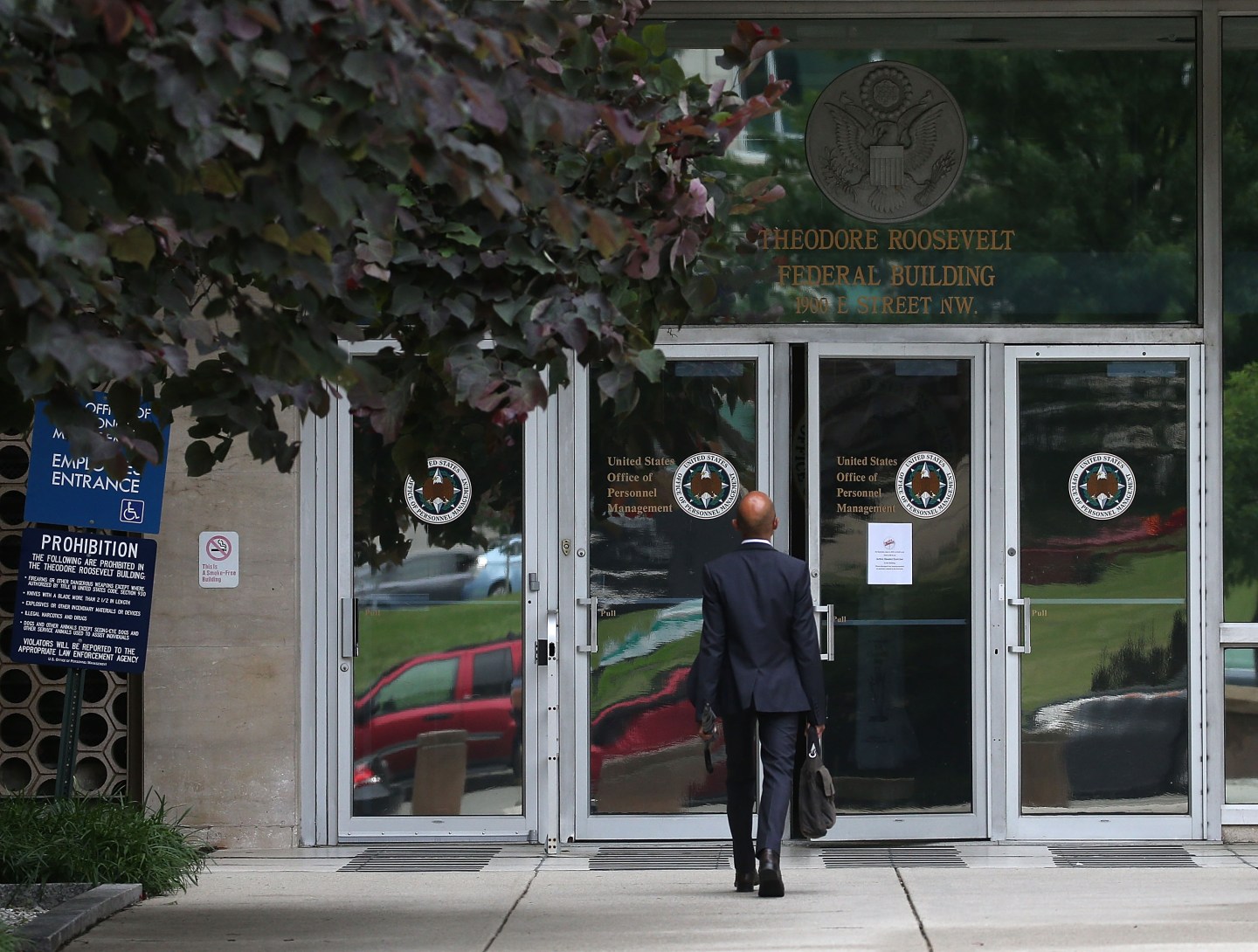 The entrance to the Theodore Roosevelt Federal Building that houses the Office of Personnel Management headquarters in Washington, D.C.