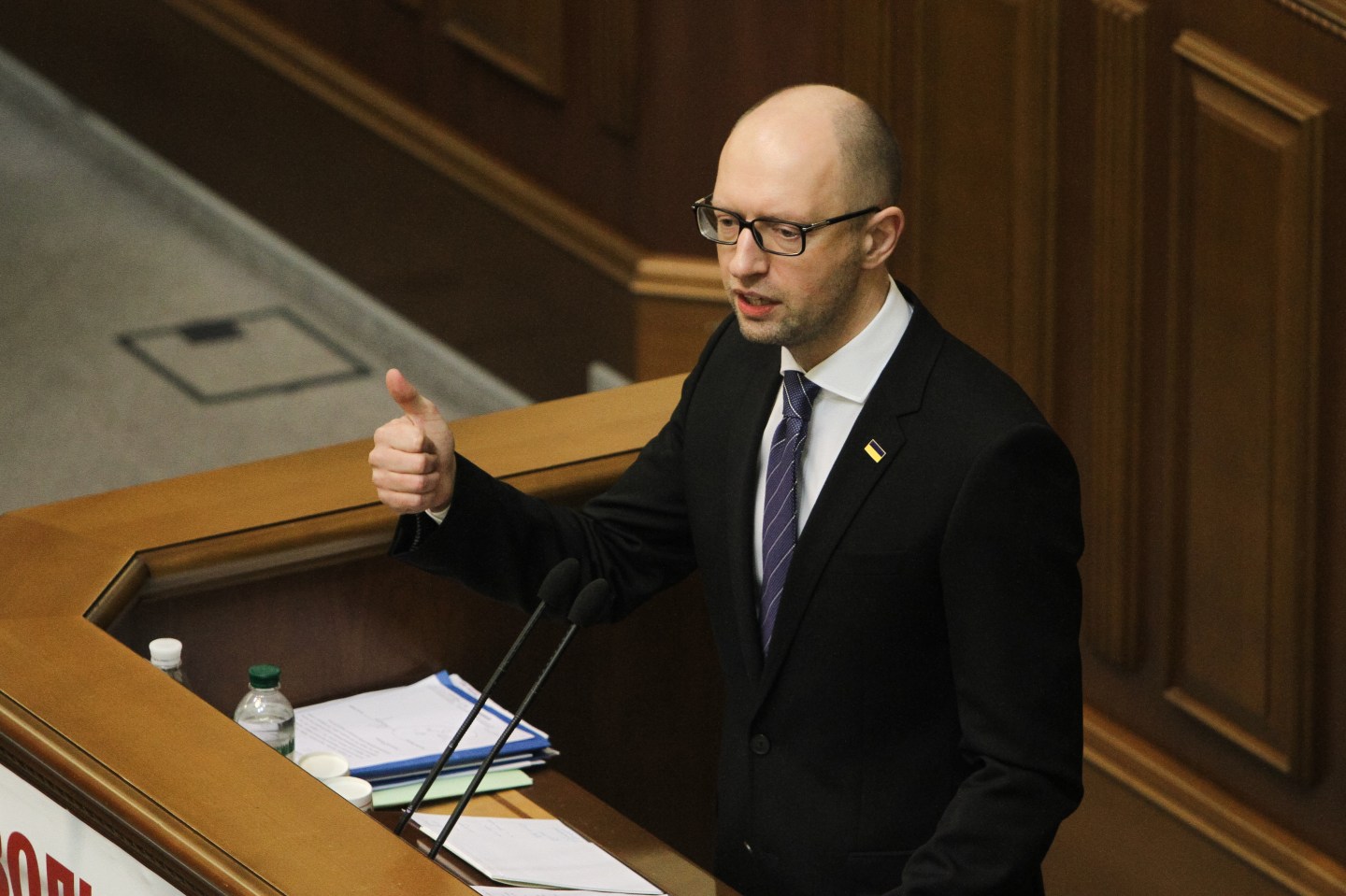 Prime-minister Arsenii Yatseniuk gives a annual report in