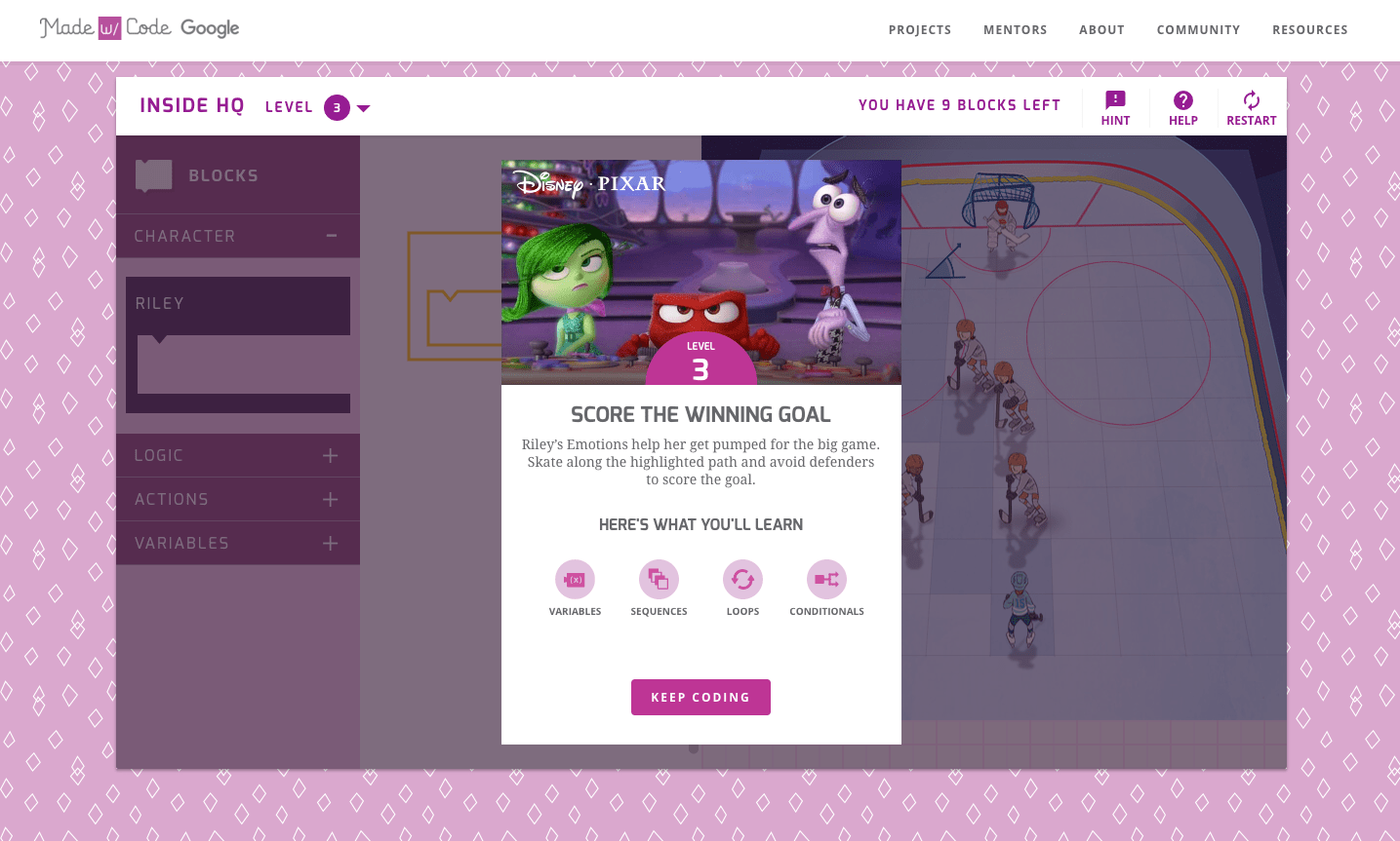 A scene from the &#8220;Inside Out&#8221; coding tutorial from Pixar and  Google.