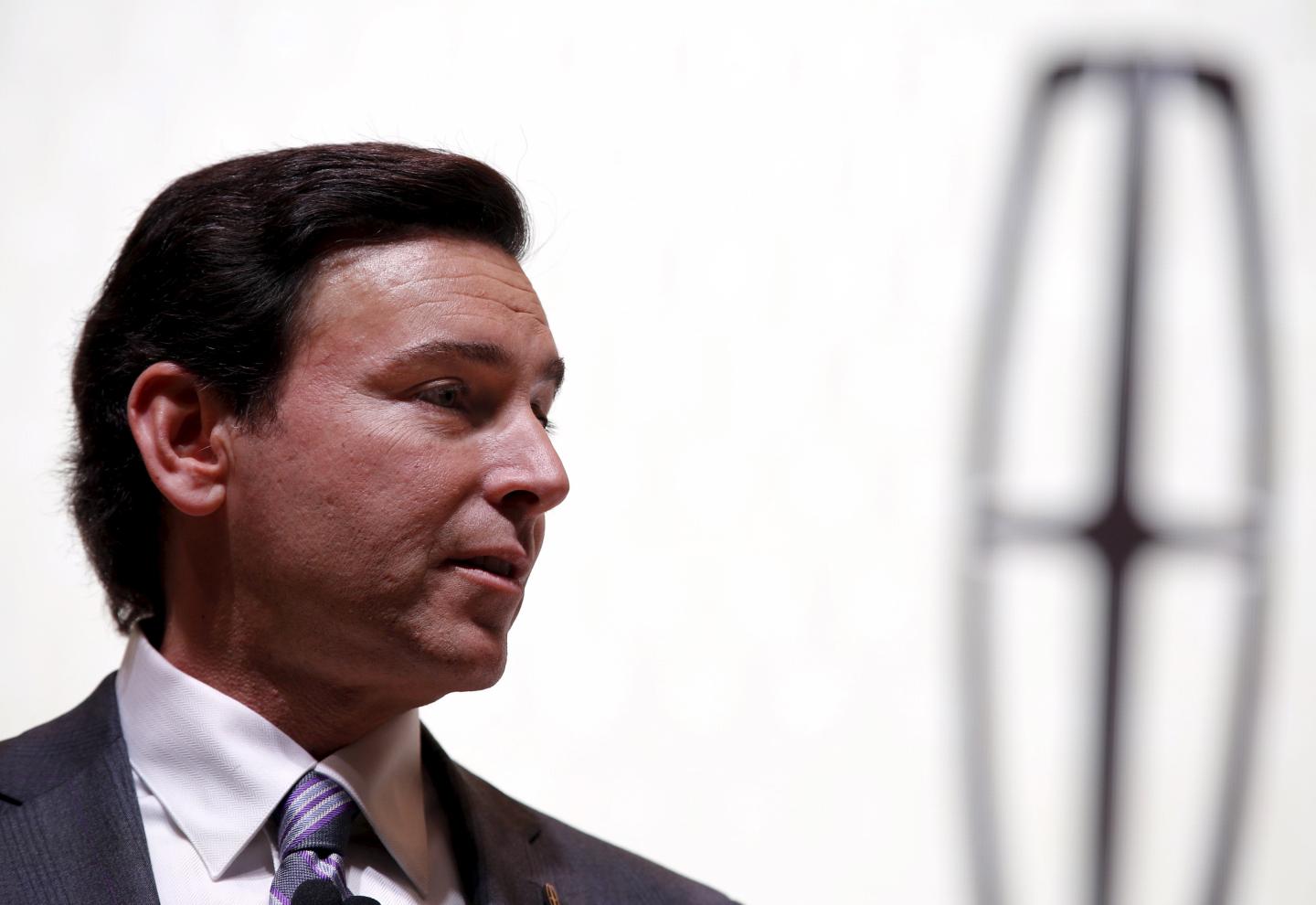 Ford CEO Mark Fields unveils the Lincoln Continental concept car at the 2015 New York International Auto Show in New York City