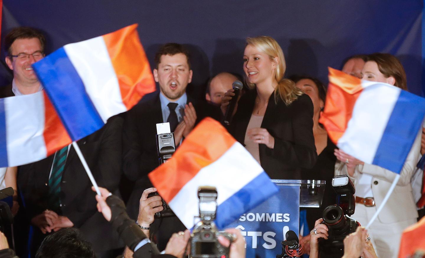 Marion Marechal-Le Pen, French National Front political party member and candidate for National Front in the PACA region arrives to deliver her speech in Le Pontet