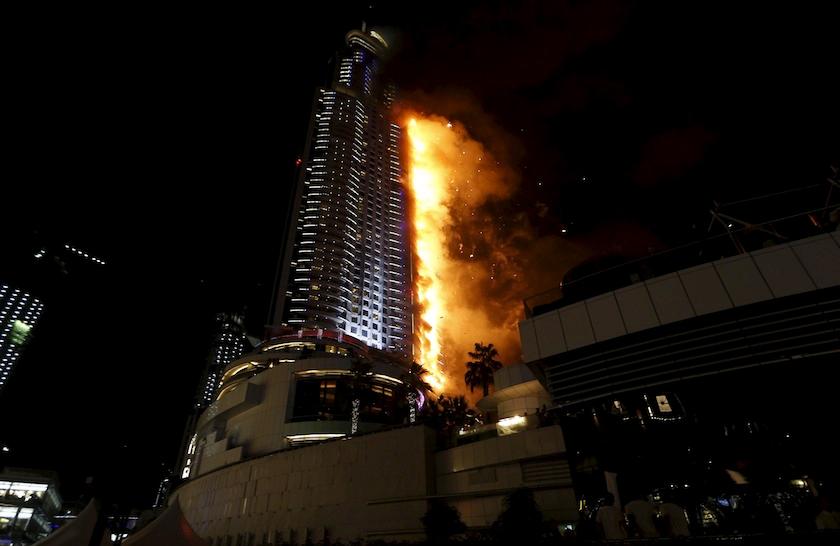 A fire engulfs The Address Hotel in downtown Dubai in the United Arab Emirates