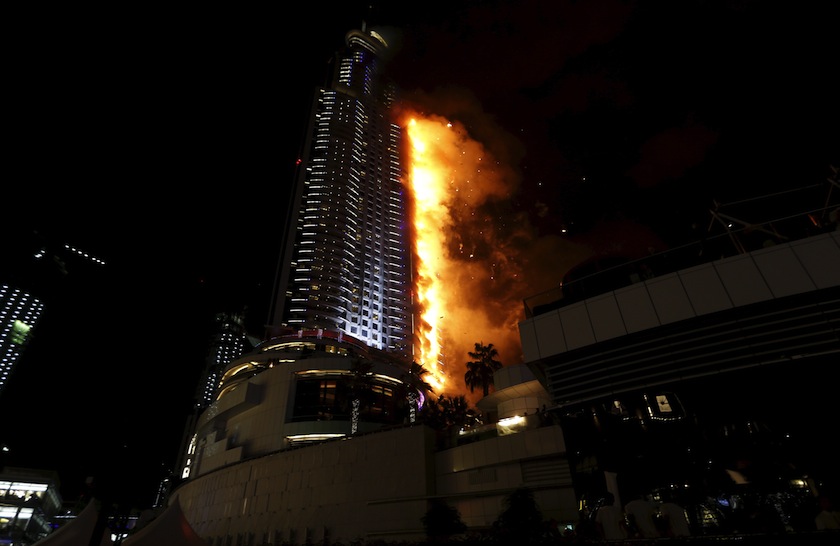 A fire engulfs The Address Hotel in downtown Dubai in the United Arab Emirates