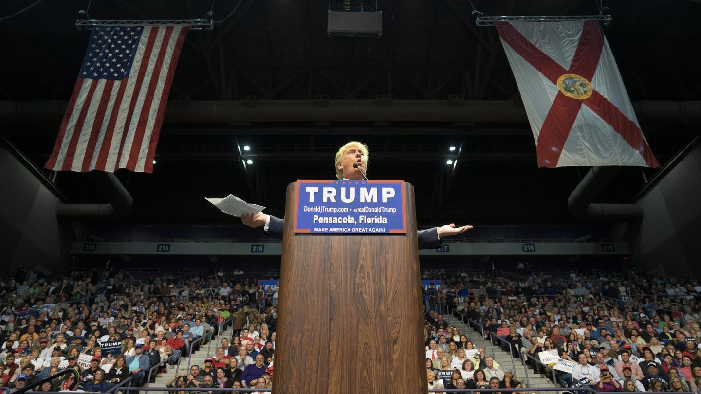 Donald Trump holds a campaign rally in Pensacola, Florida.