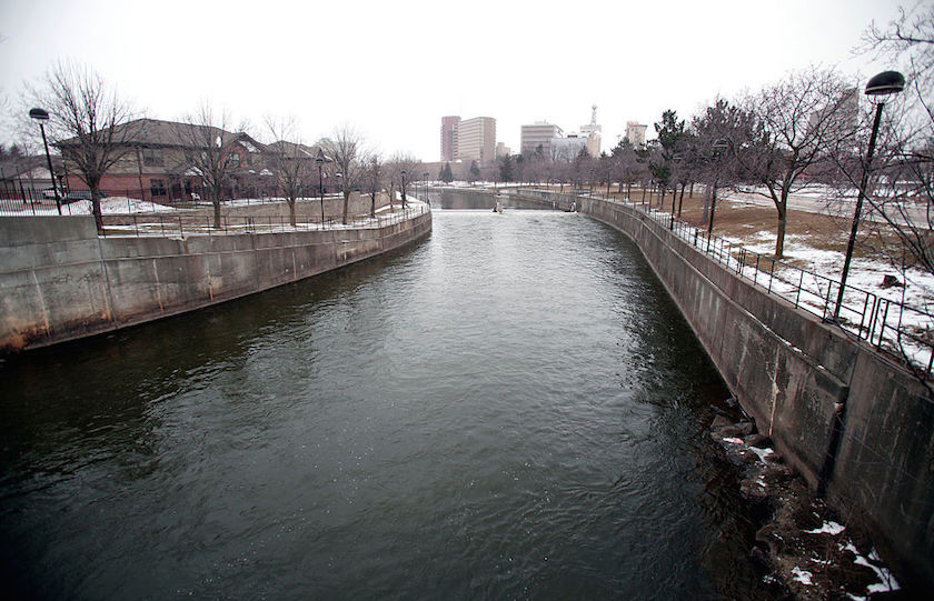 The Flint River flows in downtown in Flint, Michigan