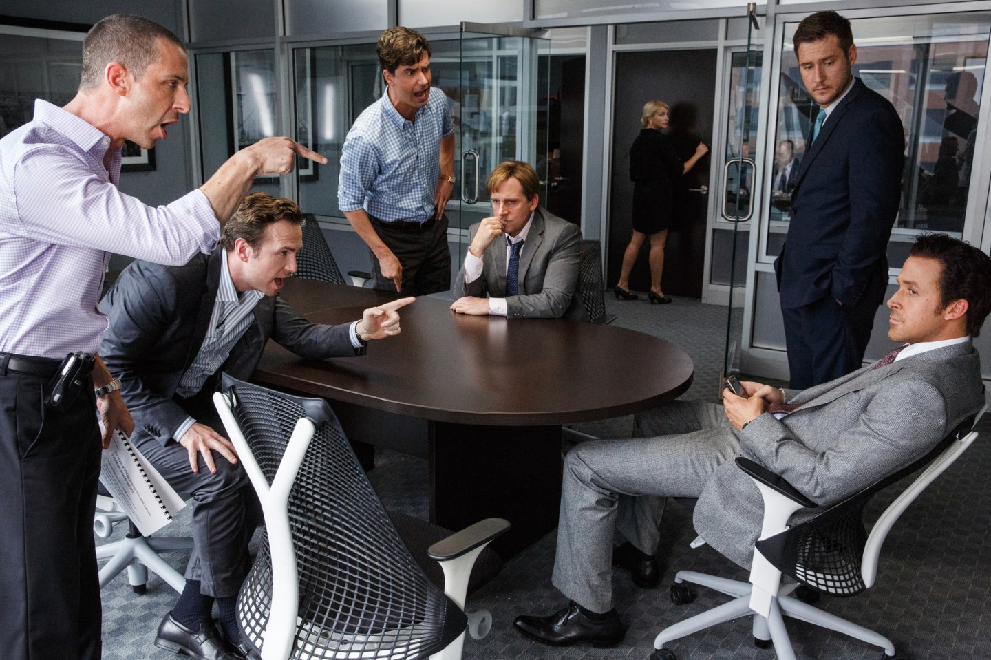 Left to right: Jeremy Strong plays Vinnie Daniel, Rafe Spall plays Danny Moses, Hamish Linklater plays Porter Collins, Steve Carell plays Mark Baum, Jeffry Griffin plays Chris and Ryan Gosling plays Jared Vennett in The Big Short from Paramount Pictures and Regency Enterprises