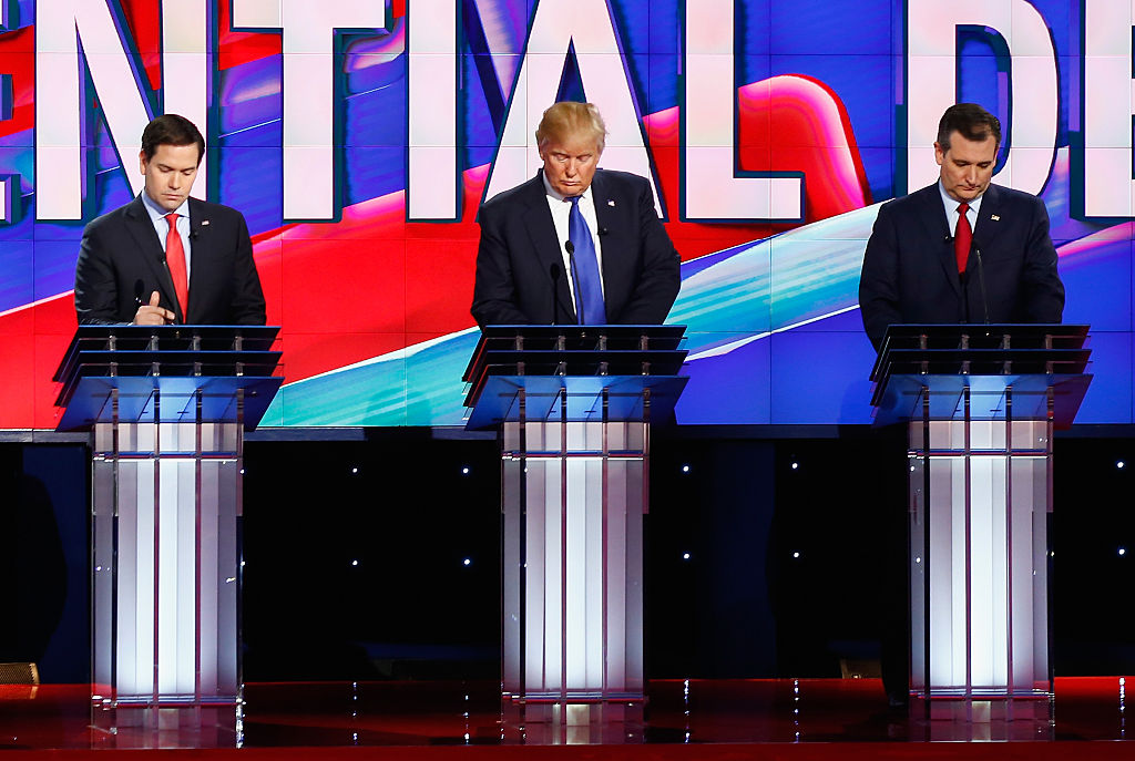 Republican presidential candidates Ben Carson,  Florida Sen. Marco Rubio (R-FL), Donald Trump, Texas Sen. Ted Cruz (R-TX) and Ohio Gov. John Kasich (L-R) stand on stage as they are introduced for the Republican National Committee Presidential Primary Debate at the University of Houston's Moores School of Music Opera House on February 25, 2016 in Houston, Texas. The candidates are meeting for the last  Republican debate before the Super Tuesday primaries on March 1. *** Local Caption *** Ben Carson; Marco Rubio; Donald Trump; Ted Cruz; John Kasich