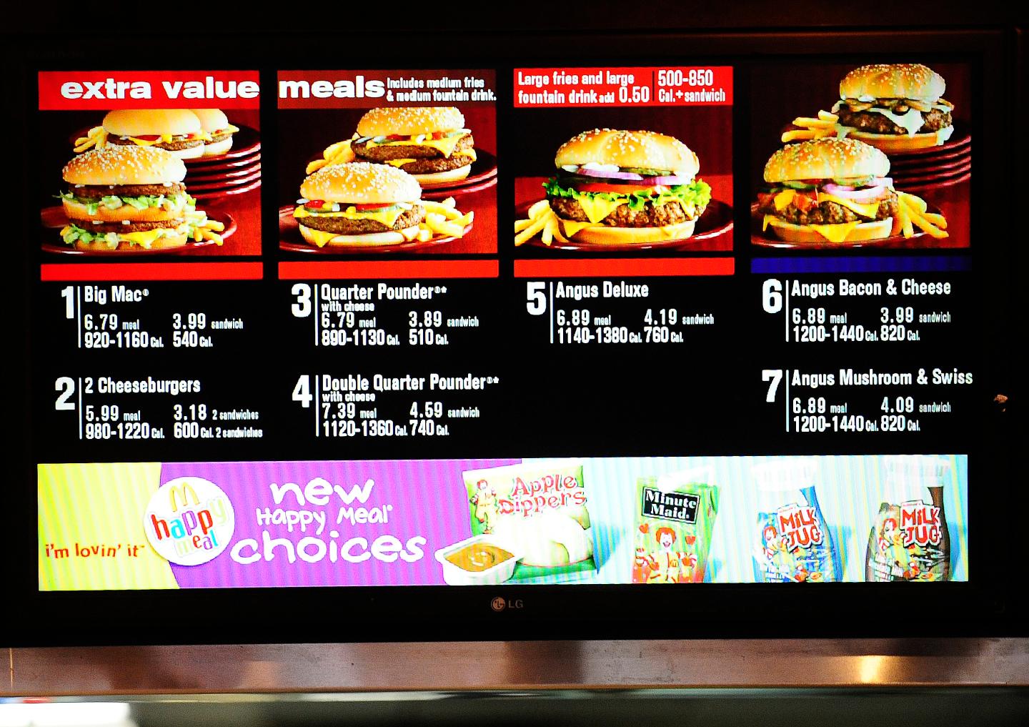 A menu displays US fast food chain McDon