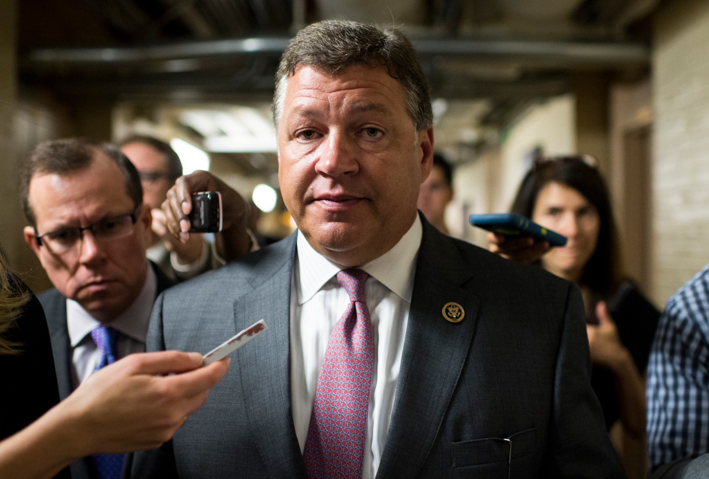UNITED STATES - JULY 28: House Transportation and Infrastructure Committee Chairman Bill Shuster, R-Pa., speaks to reporters as he leaves the House Republican Conference meeting in the Capitol on Tuesday, July 28, 2015. (Photo By Bill Clark/CQ Roll Call)