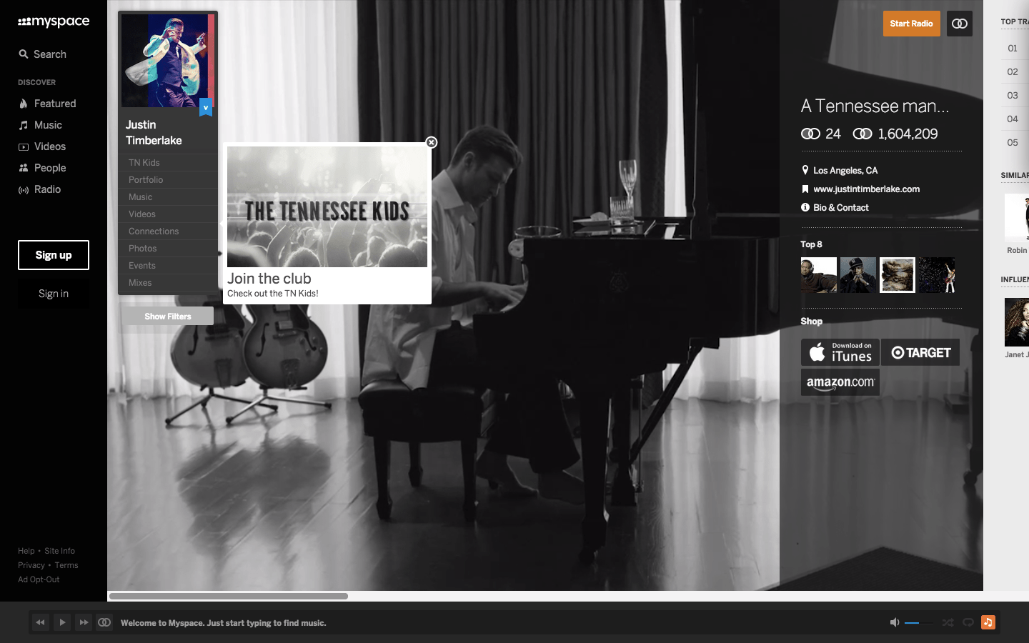 Myspace Justin Timberlake profile screenshot 2016