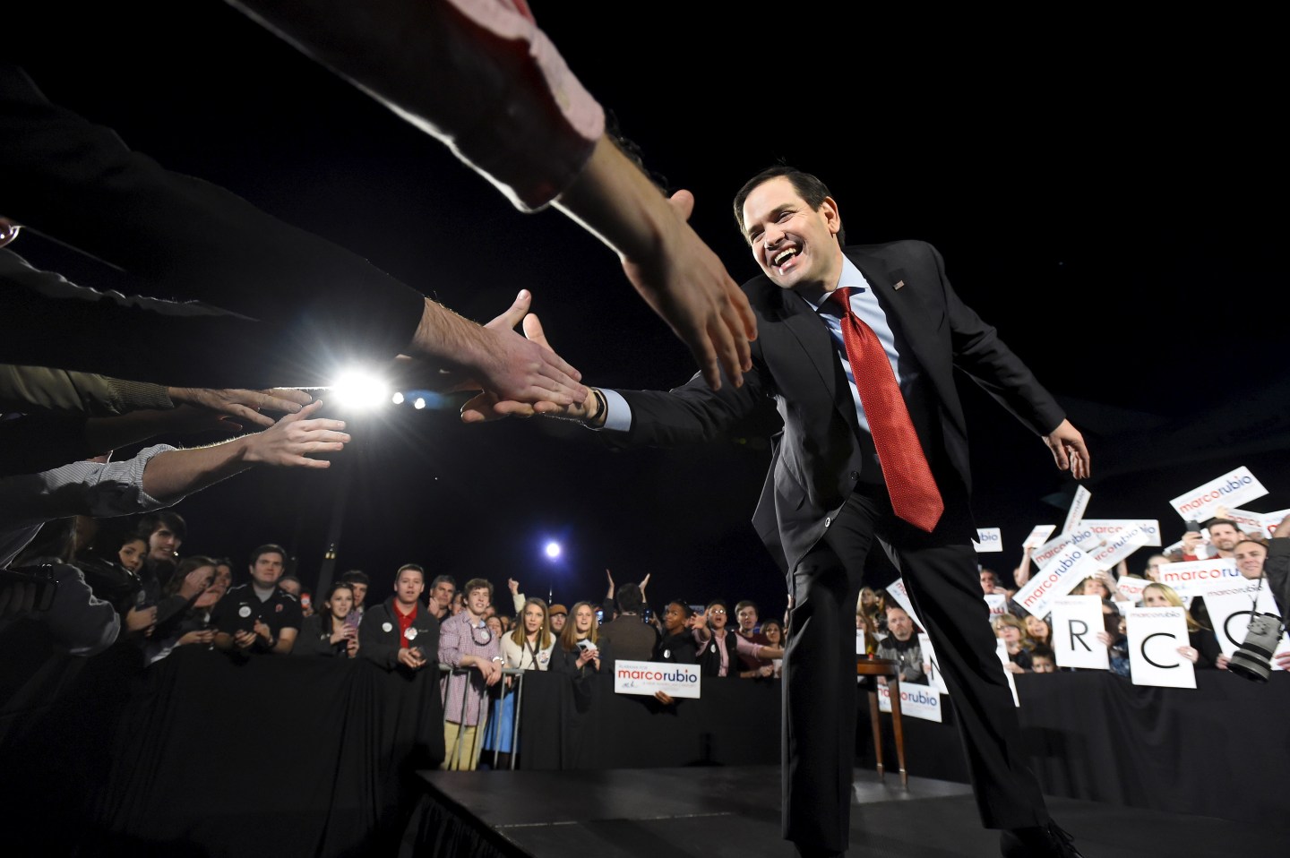 Republican U.S. presidential candidate Marco Rubio greets supporters during a campaign stop at the U.S. Space and Rocket Center in Huntsville,