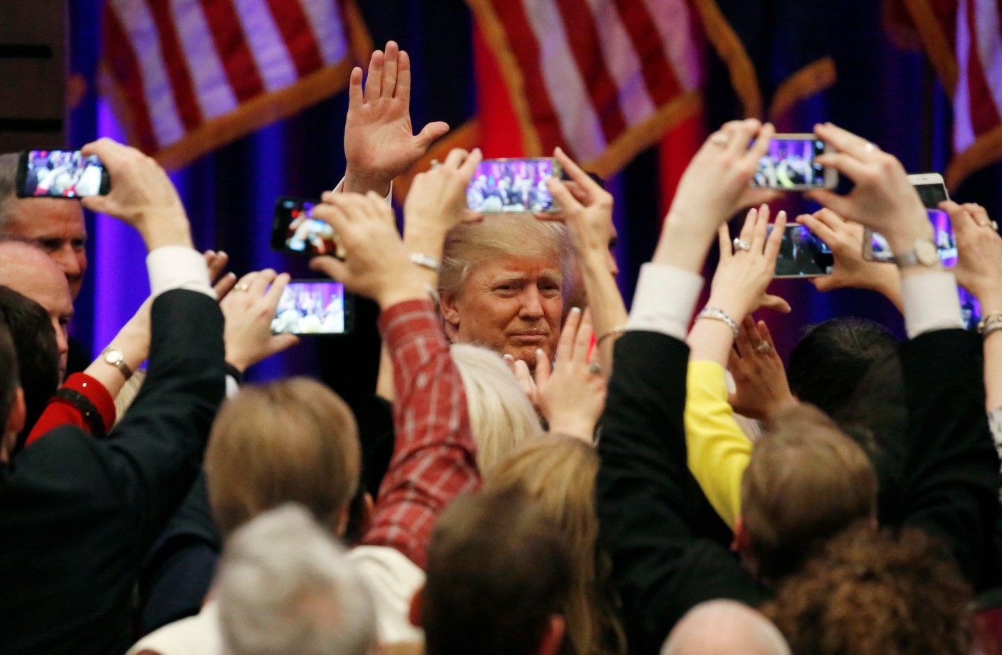 Republican U.S. presidential candidate Donald Trump greets supporters after speaking at his 2016 South Carolina presidential primary night victory rally in Spartanburg