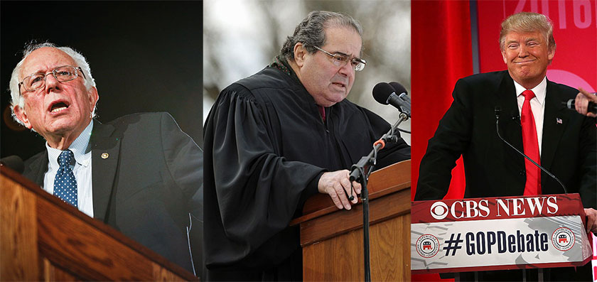Left to right: Bernie Sanders, Antonin Scalia, Donald Trump