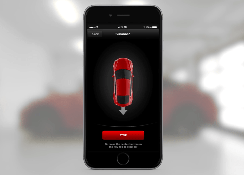 A screenshot of &#8220;Summon,&#8221; the remote self-parking feature introduced by Tesla in January 2015.