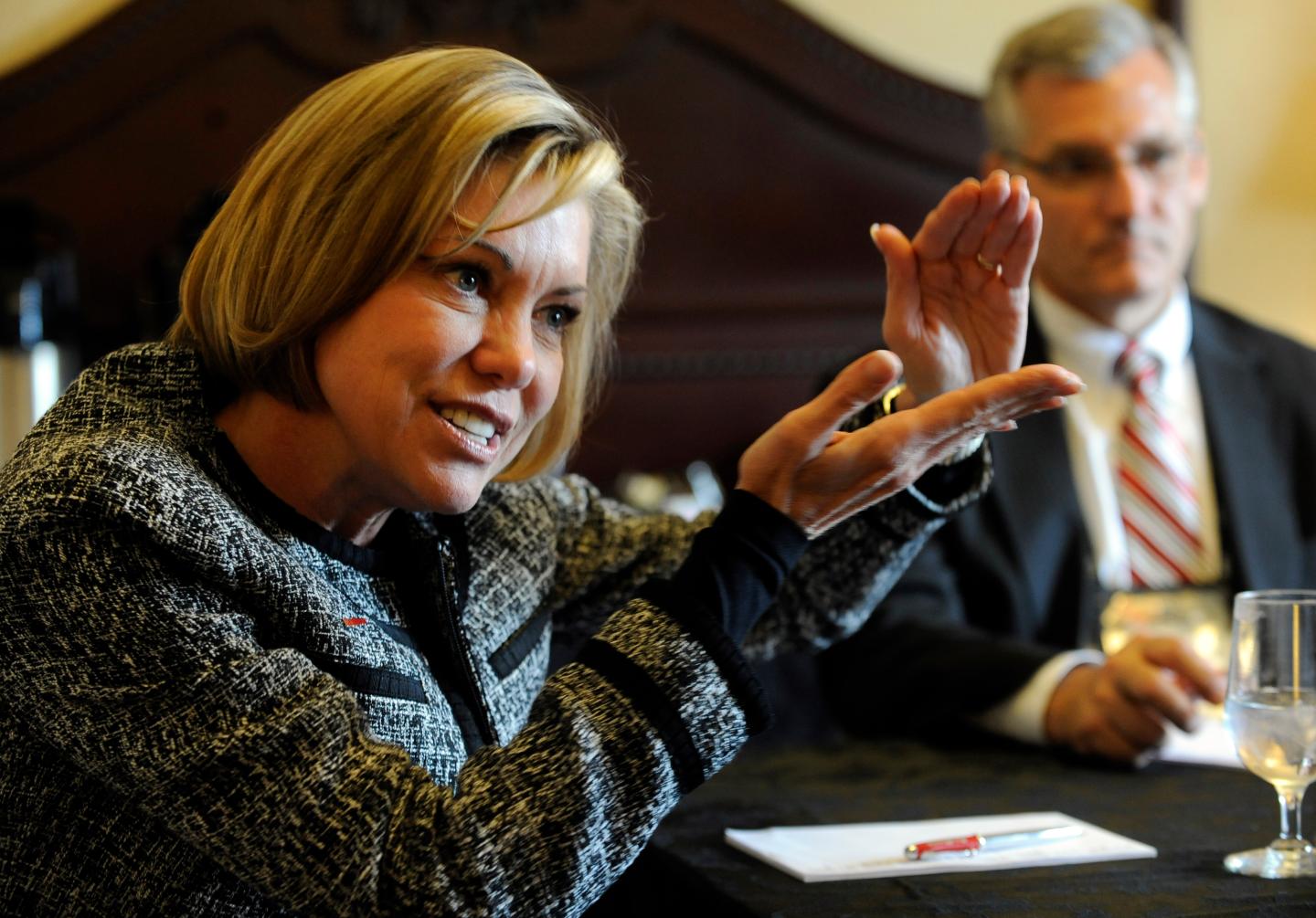 President of Raytheon Intelligence and Information Services, Lynn Dugle, talks about new ventures at the 28th National Space Symposium at the Broadmoor Hotel in Colorado Springs Tuesday afternoon. Andy Cross, The Denver Post
