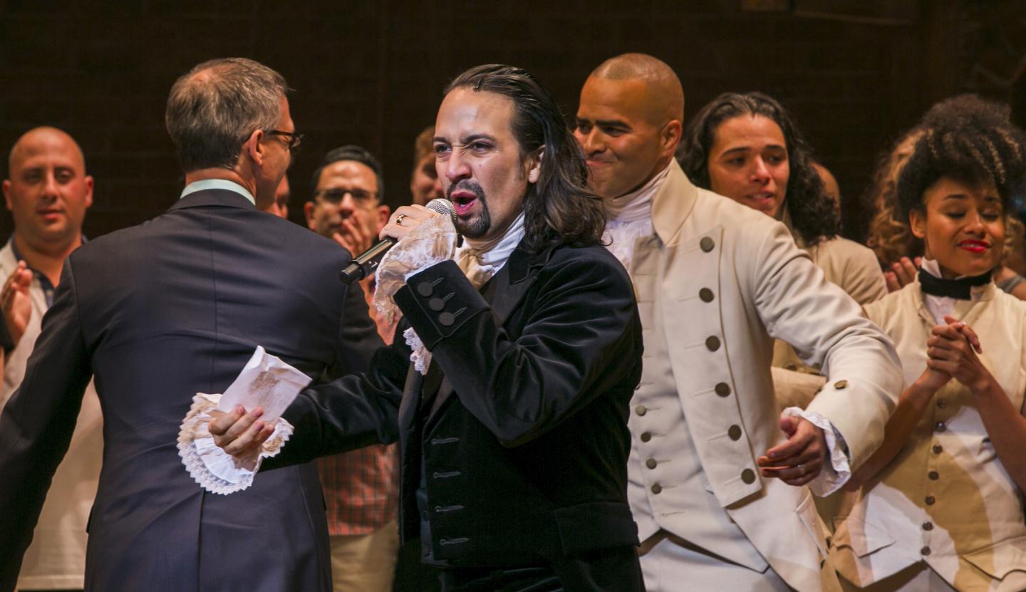 Lin-Manuel Miranda, actor and creator of the of the play "Hamilton," addresses the audience after the plays opening night on Broadway in New York