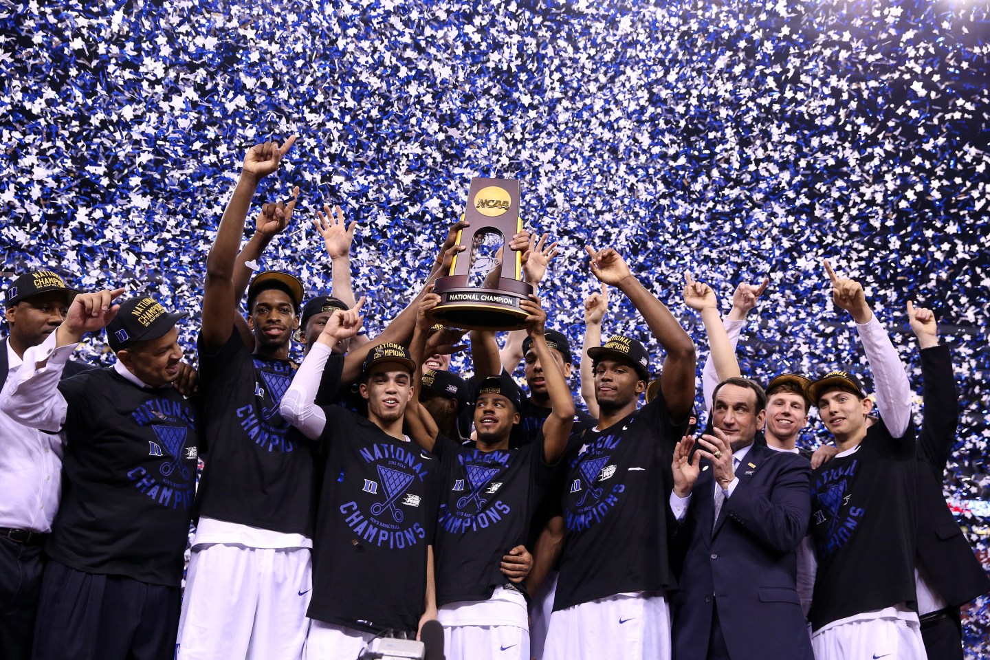 during the NCAA Men's Final Four National Championship at Lucas Oil Stadium on April 6, 2015 in Indianapolis, Indiana.