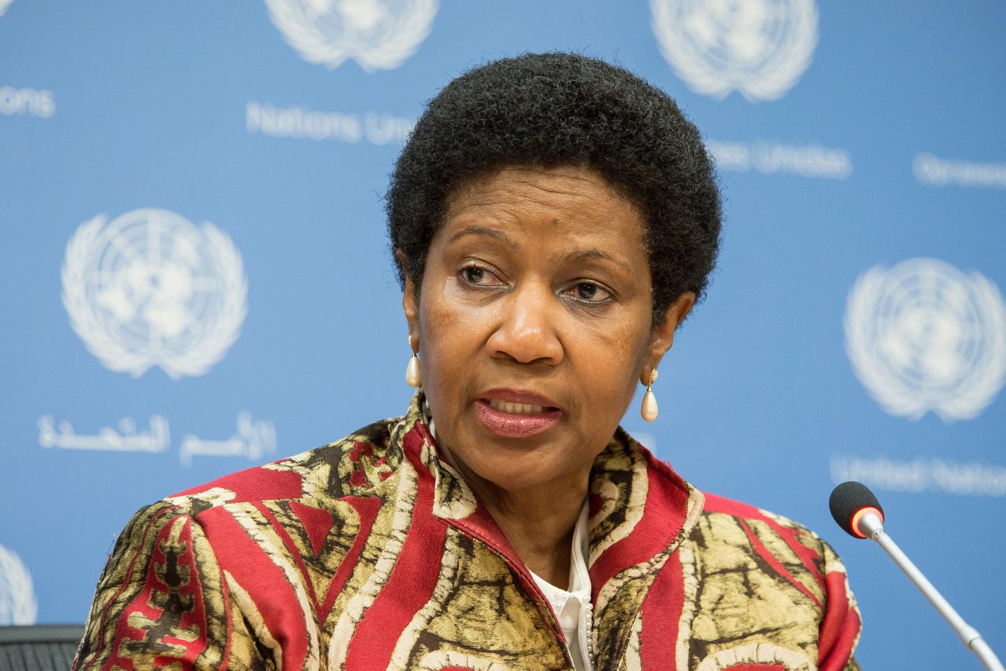 UNITED NATIONS, NEW YORK, NY, UNITED STATES - 2015/10/12: Phumzile Mlambo-Ngcuka, Executive Director for UN Women addresses the press. Officials from UN Women held a press conference at United Nations Headquarters in New York to mark the 15th anniversary of Security Council Resolution 1325 which called for an increased involvement by women as active participants in conflict negotiation, peacemaking efforts and post-conflict reconstruction; the briefing announced the release of a study of Resolution 1325. (Photo by Albin Lohr-Jones/Pacific Press/LightRocket via Getty Images)