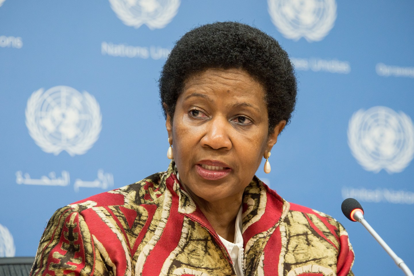 UNITED NATIONS, NEW YORK, NY, UNITED STATES - 2015/10/12: Phumzile Mlambo-Ngcuka, Executive Director for UN Women addresses the press. Officials from UN Women held a press conference at United Nations Headquarters in New York to mark the 15th anniversary of Security Council Resolution 1325 which called for an increased involvement by women as active participants in conflict negotiation, peacemaking efforts and post-conflict reconstruction; the briefing announced the release of a study of Resolution 1325. (Photo by Albin Lohr-Jones/Pacific Press/LightRocket via Getty Images)