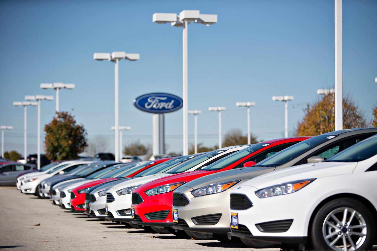A row of new Ford Focus vehicles sit on display at Sutton Ford in Matteson, Illinois, U.S., on Friday, Oct. 30, 2015. Photographer:  Daniel Acker/Bloomberg