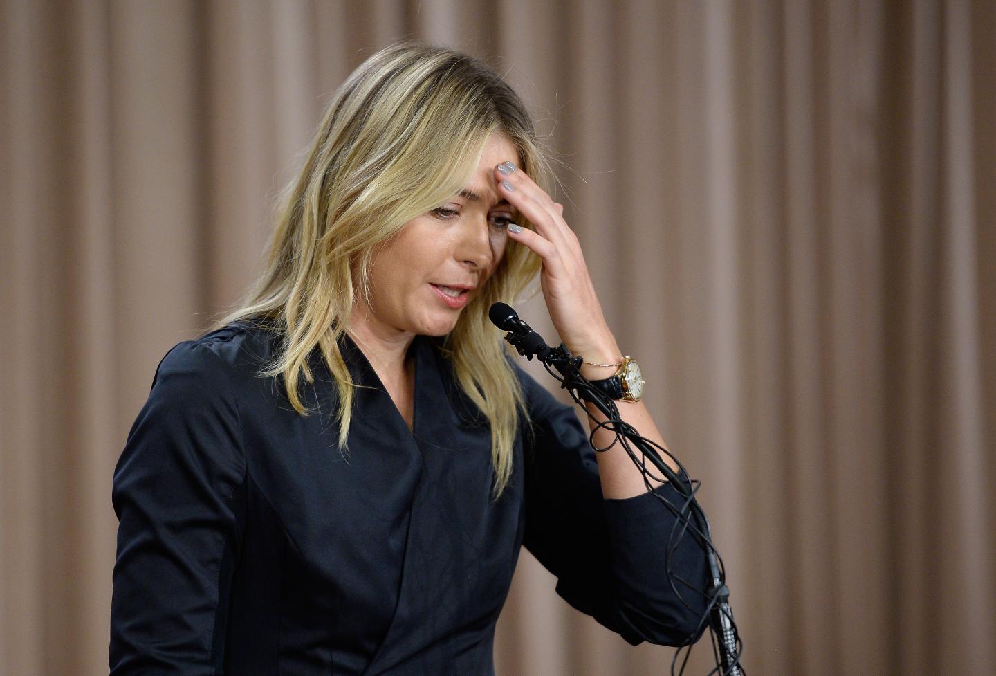 Tennis player Maria Sharapova addresses the media at The LA Hotel Downtown on March 7, 2016 in Los Angeles, California. Sharapova, a five-time major champion, is currently the 7th ranked player on the WTA tour. Sharapova, withdrew from this weeks BNP Paribas Open at Indian Wells due to injury.