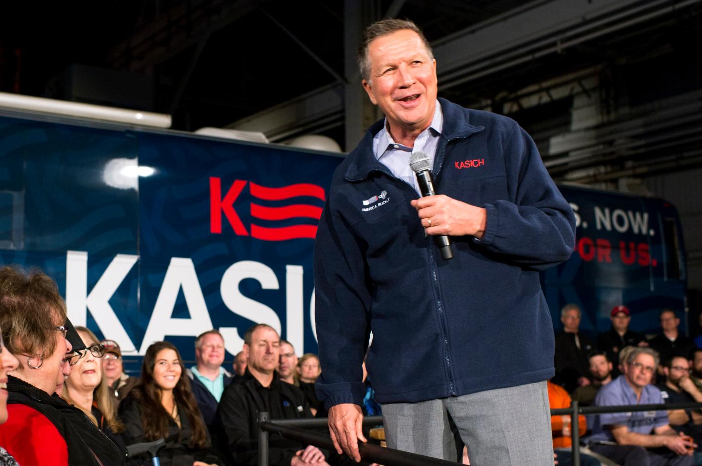 YOUNGSTOWN, OH - MARCH 14:  Republican presidential candidate Ohio Gov. John Kasich speaks to supporters at a town hall meeting at Brilex Industries, Inc. on March 14, 2016 in Youngstown, Ohio. The campaign stop comes less than 24 hours before polls open in Ohio's winner-take-all primary election.  (Photo by Angelo Merendino/Getty Images)