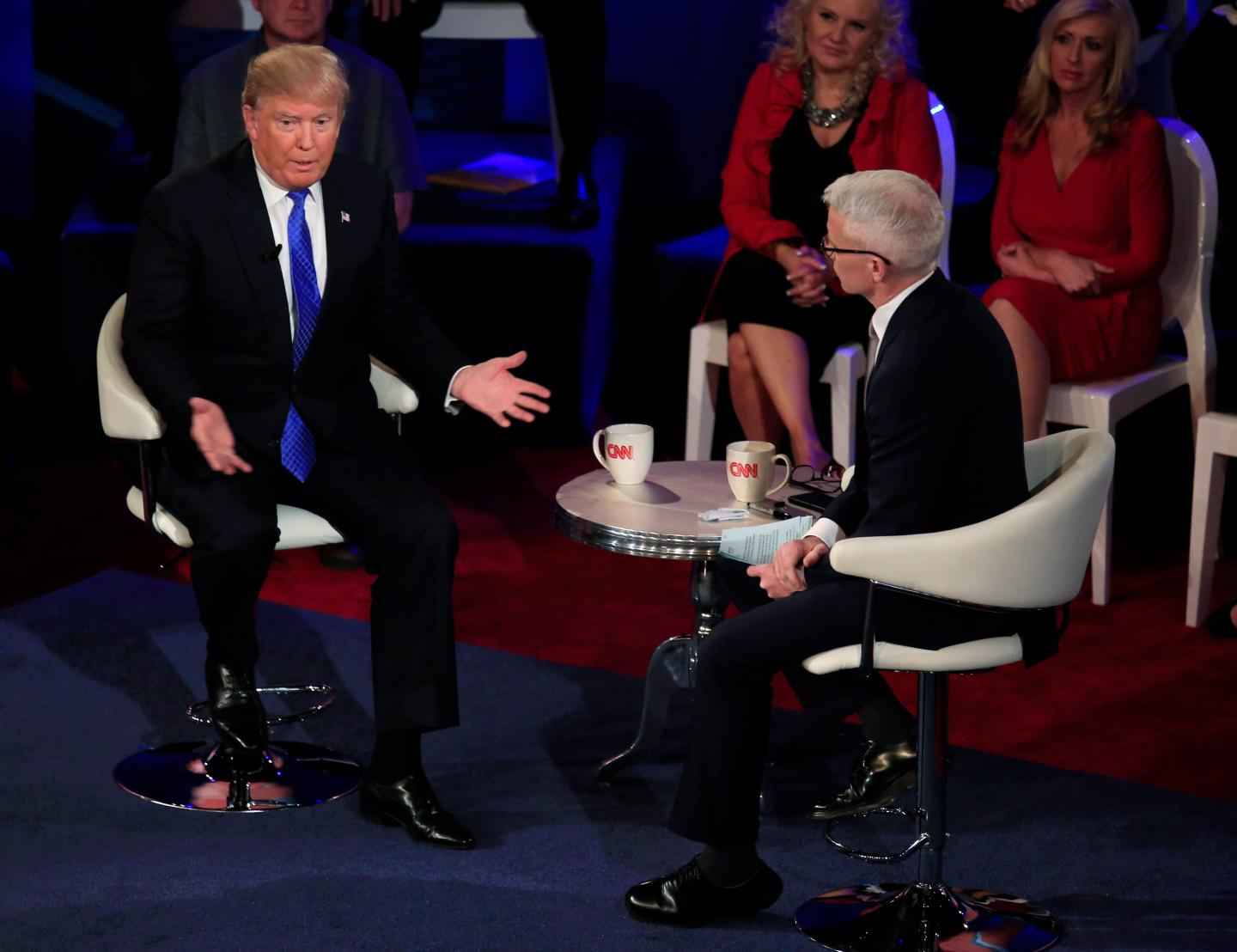MILWAUKEE, WI - MARCH 29: Republican Presidential candidate Donald Trump takes part in a town hall event moderated by Anderson Cooper March 29, 2016 in Milwaukee, Wisconsin. Candidates are campaigning in Wisconsin ahead of the state's April 5th primary. (Photo by Darren Hauck/Getty Images)