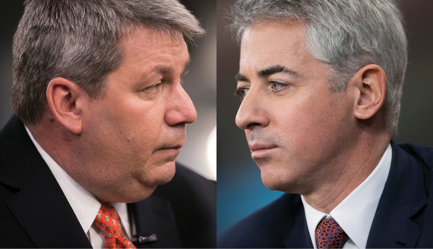 Michael "Mike" Pearson, chairman and chief executive officer of Valeant Pharmaceuticals International Inc., pauses during a Bloomberg Television interview in New York, U.S., on Wednesday, April 23, 2014. With his $45.7 billion bid for Allergan Inc., Pearson is pulling the credit rating of Canada's most indebted junk bond issuer closer to investment grade while attempting the biggest takeover in the country's history. Photographer: Scott Eells/Bloomberg via Getty Images William "Bill" Ackman, founder and chief executive officer of Pershing Square Capital Management LP, pauses during a Bloomberg Television interview in New York, U.S., on Wednesday, April 23, 2014. Ackman already has a $1 billion paper gain on a newly disclosed 9.7 percent stake in Allergan Inc., helping to offset losses that his funds incurred through an earlier bet against Herbalife Ltd. Photographer: Scott Eells/Bloomberg via Getty Images