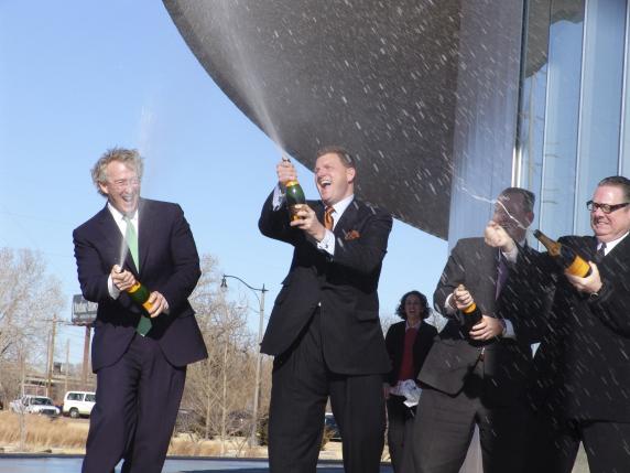 Handout photo shows Aubrey McClendon christening a boathouse in Oklahoma City